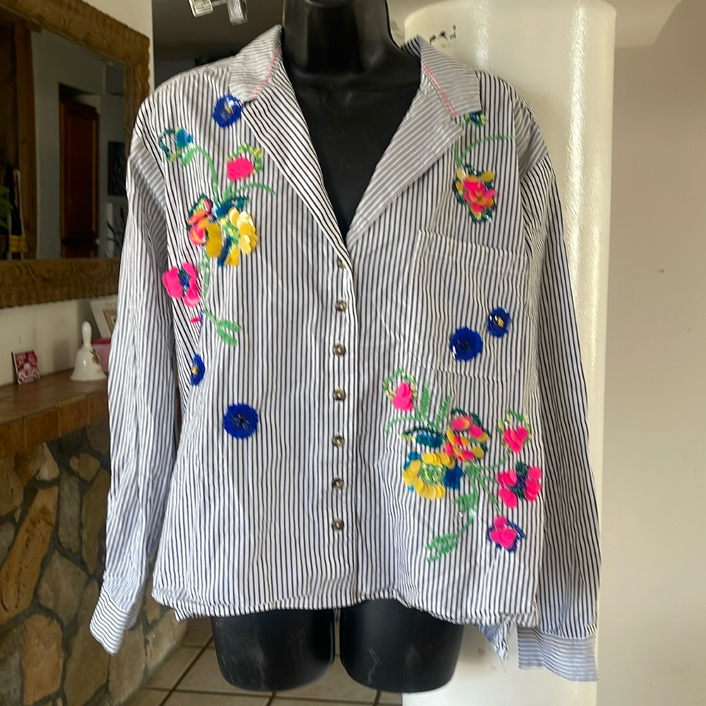 Striped Button-Down Shirt with Neon Floral Embroidery - White/Black